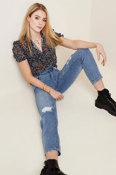 Enkellange versleten jeans met hoge taille Blauw XS h5 Afbeelding4